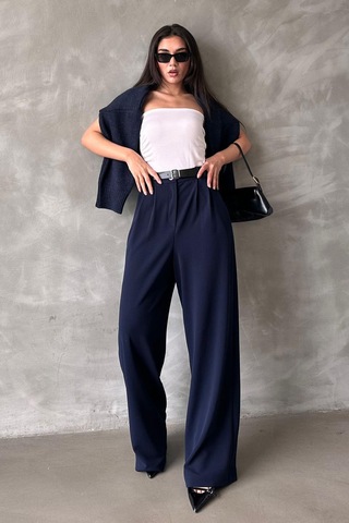 Madmext Lacivert Çift Pileli Kemerli Pantolon Mg2330 Lacivert