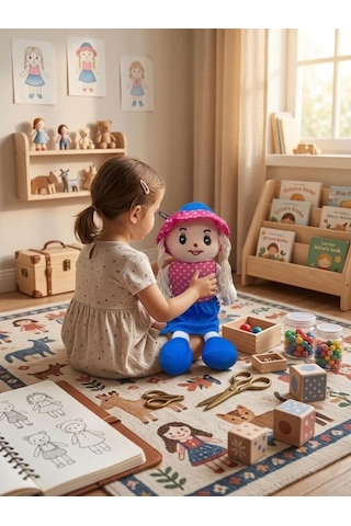 Fatma Bebek 48cm Büyük Puantiye Desenli Elbiseli Ve Şapkalı El Yapımı Oyuncak Bez Bebek Mavi