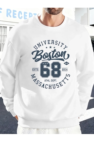 Startmore Üniversite Boston Massachusetts Baskılı Erkek Tişörtü Spor Bol Giysiler Yumuşak Rahat Kazakla Beyaz