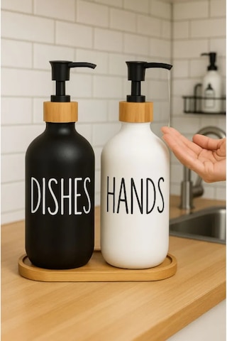 Dekorasyaa 2li Siyah Beyaz Cam Sıvı Sabunluk 500ml - Bambu Stantlı Siyah - Beyaz