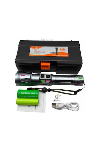 Ultra Güçlü Beyaz Lazer Led El Feneri - 2 Km Menzilli & Powerbank Özellikli Çift Pil Setli Gri