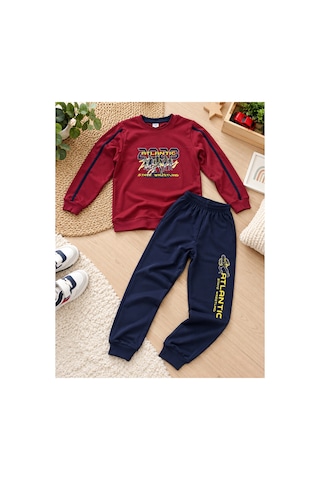 Uğur Bebe Çocuk Bordo Pijama Takımı %100 Pamuk Uzun Kollu Bisiklet Yaka Baskılı Lacivert Alt Rahat Ve Şık Pijama Takımı Bordo Bordo