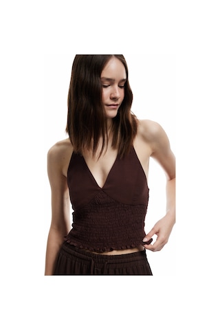 Koton Viskon Halter Yaka Boyundan Bağlamalı Kolsuz Gipeli Crop Bluz Kahverengi 5sal30041ıw Kahve