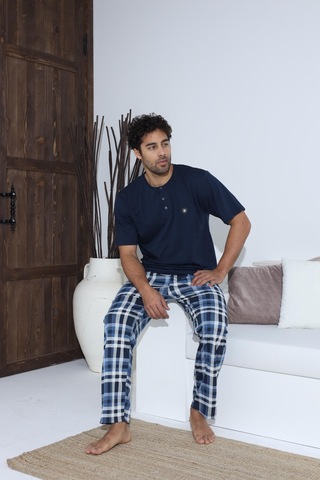 Erkek 70042 Kısa Kol Yaka Düğmeli Pijama Takımı Lacivert Lacivert