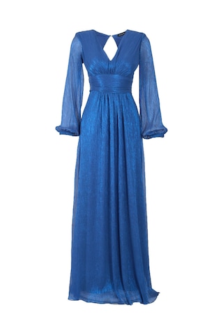 Explosion Metalik Maxi Abiye Elbise - V Yaka, Uzun Kollu, Şifon Saks