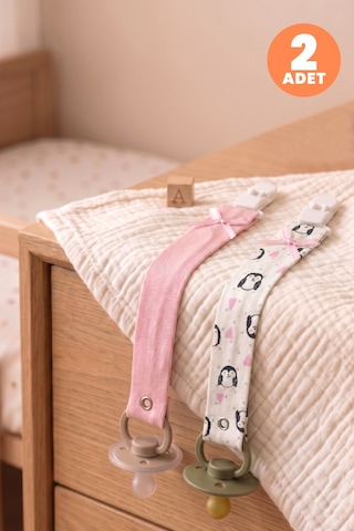 Just Inner Kız Bebek 2'li Pamuklu Emzik Askısı Klipsli Penguen Desenli Fiyonklu Güvenli Ve Şık 684101 Çok Renkli