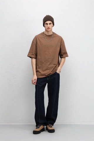 Vamos Basic Oversize Bisiklet Yaka Tişört Kahve