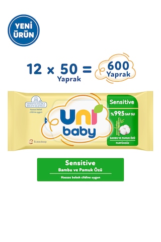 Uni Baby Sensitive Bambu & Pamuk Özlü Islak Bebek Mendil 12x50 600 Yaprak 12'li Set