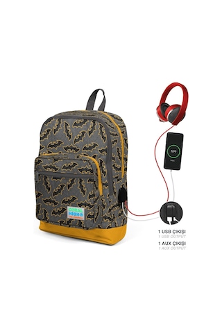 Coral High Okul Çantası Ve Termal Beslenme Çanta Seti - Erkek Çocuk Gri Hardal Yarasa Usb Ve Aux Çıkışlı