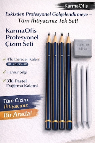 Profesyonel Çizim Seti 4 Lü Dereceli Kalem 2b-2b-3b-4b + Hamur Silgi+3 Lü Pastel Dağıtma Kalemi