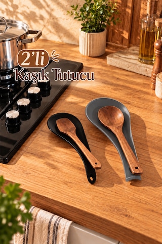 Porsima Sc-4017 Siyah Antrasit Wow 2'li Kaşık Tutucu Ve Kepçe Altlığı