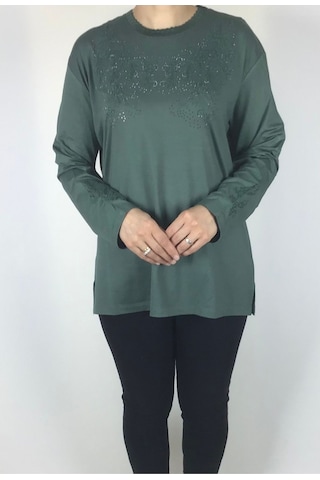 Kadın Likralı Turlu Viskon Büyük Beden Yaka Ve Kolağzı Taşlı Ve İşlemeli Bluz Mint Yeşili