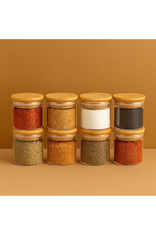 8'li 70 100mm Borosilikat Cam Baharatlık Seti - Sızdırmaz Silikonlu Bambu Kapak - 300 Ml X8 Beyaz