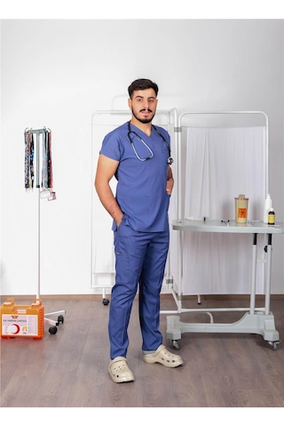 Likralı Cerrahi Forma Unisex Hemşire Doktor Sağlıkçı Forması Scrubs Üniforma Fırtına Mavisi