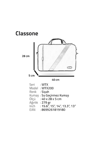 Classone WTX200 WTXPRO Serisi 15.6" Uyumlu Su Geçirmez Notebook El Çantası