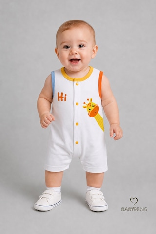 Babyden's Erkek Bebek Tulum Yazlık Pamuklu Şortlu Çıtçıtlı Zürafa Baskılı Bebek Tulumu Yenidoğan Bebek Giyim 0-9 Ay Beyaz