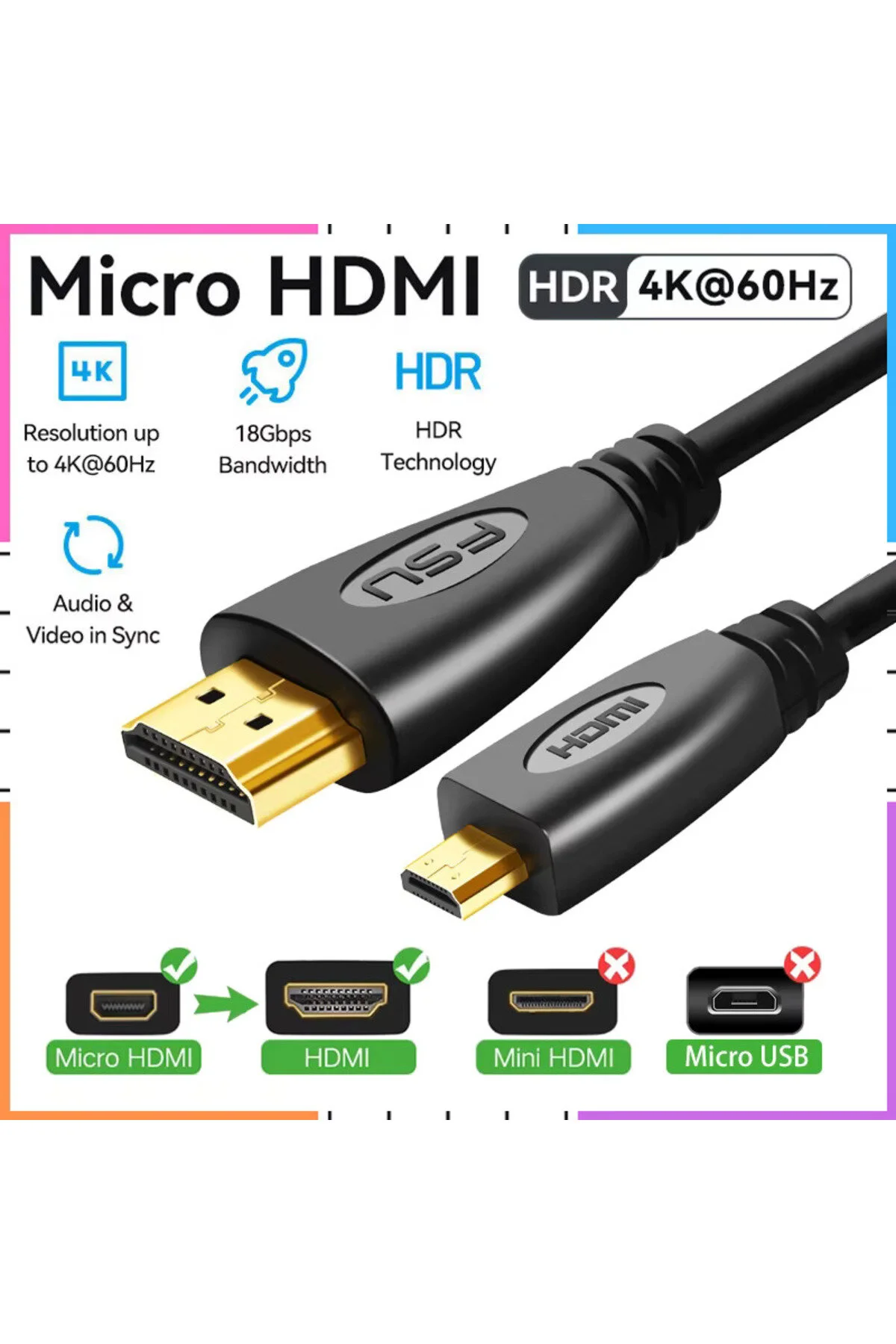 3 Metre 3mt Micro Hdmi To Hdmi Çevirici Mikro Dönüştürücü Adaptör Tv Kablosu Tablet/laptop Cabble 001
