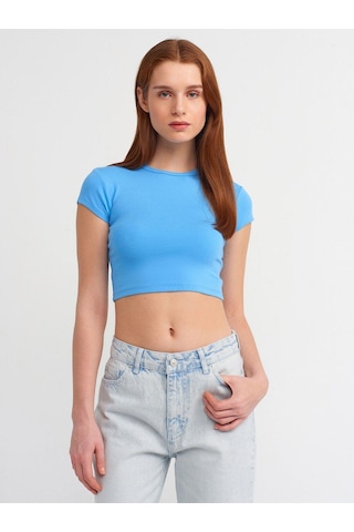 Dilvin Vücuda Oturan Likralı Crop Top-836 Mavi