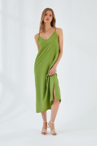 4252 Kadın İp Askılı V Yaka Elbise Fıstık Yeşili Fıstık Yeşili