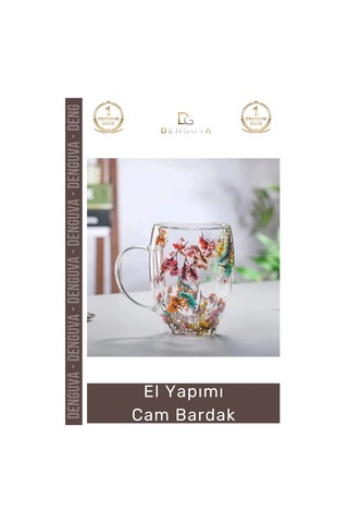 Cambardak Organik Çiçekli Isıya Dayanıklı Borosilikat El Yapımı Estetik Cam Handmade Bardak 350ml Çok Renkli