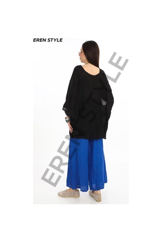 Bohem Kuruvaze Tek Düğmeli Keten Bluz-9884 Siyah