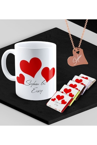 Kişiye Özel Sevgililer Temalı Kupa Madlen Çikolata Ve Rose Kalp Kolye Set - 90