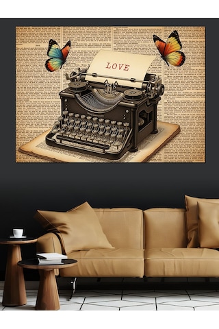 Antika Daktilo Ve Uçan Kelebekler Dekoratif Kanvas - Mdf Ahşap Tablo