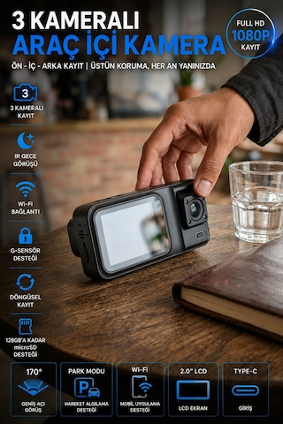 SN-38 Wİ-Fİ 3 Kameralı Araç Içi Kamera Full Hd 1080P Ön Arka Iç Kamera Ir Gece Görüşü G-Sensör Dashcam