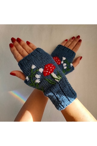 Newdaycraft El Örgüsü Motifli Parmaksız Eldiven / Bileklik - Mantar Mavi