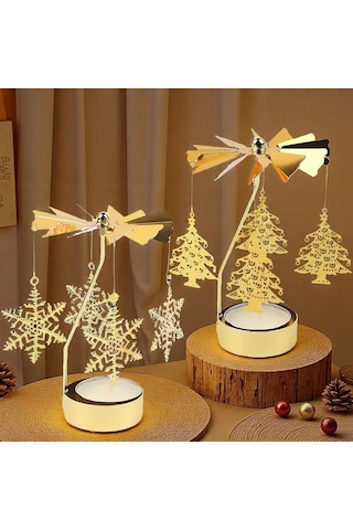 2'li Set Dönen Işıklı Kar Tanesi Ve Ağaç Metal Tealight Mumluk Gold
