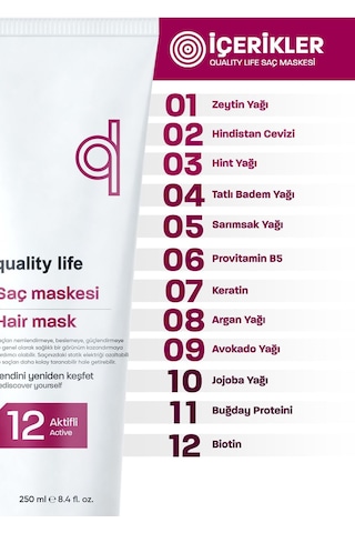Quality Life Ql 8 Aktifli Aşırı Yıpranmış ve Kuru Saçlar İçin Saç Maskesi 250 ML