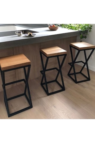 X Sheped Doğal Ahşap Bar Taburesi Siyah