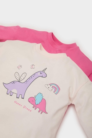 DeFacto Kız Bebek Yenidoğan Bisiklet Yaka Dinazor Baskılı Penye 2'li Uzun Kollu Tişört E6362A525SPPN324 Pembe