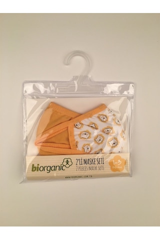 Lindobaby Bibaby Organik Maske 2Li Aslanlı Beyaz - Hardal