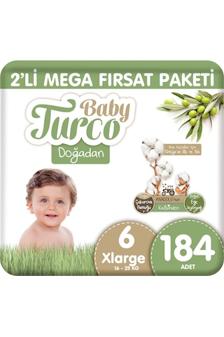 Baby Turco Doğadan 2'li Mega Fırsat Paketi Bebek Bezi 6 Numara 184 Adet 4'lü