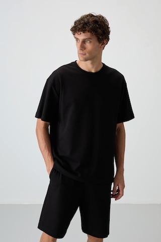 Siyah Pamuklu Kalın Yumuşak Dokulu Oversize Fit Basic Erkek Şort Takım - 85249 Siyah