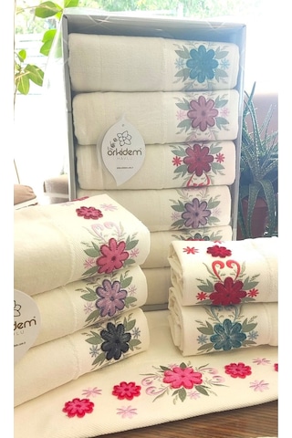 6.lı Set Annem 50x90 Cm. Özel Tafting Nakışlı Kadife Doku Çeyizlik Lüks Havlu Seti Beyaz Renkli