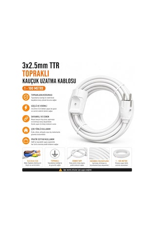 3x2.5mm Ttr Tekli Beyaz Topraklı Kauçuk Uzatma Kablosu 40 Metre