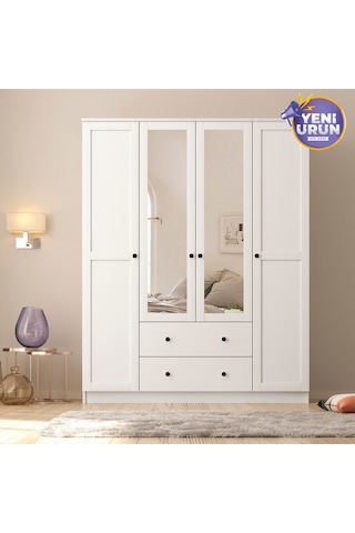 Side 4 Kapak 2 Çekmece Aynalı Mega Gardırop Beyaz