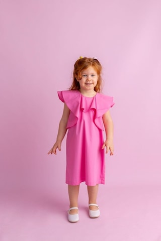 Oliventhekid Volanlı Poplin Kolsuz Ensesi Düğmeli Kız Çocuk Elbise Pembe Pembe