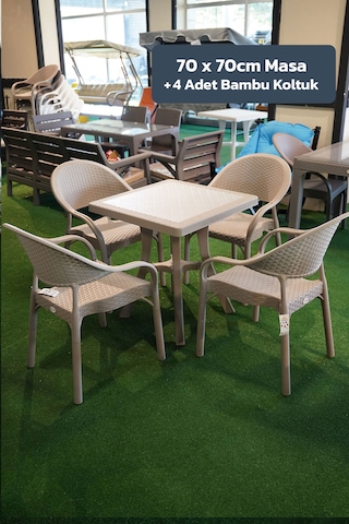 Alezy Bambu Balkon Bahçe Masa Takımı 4 Kişilik 70x70 Masa 4 Adet Bambu Koltuk Cappucino
