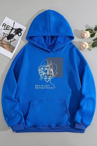 Uyguntarz Unisex Minimal Line Drawing Baskılı Sweatshirt Mavi