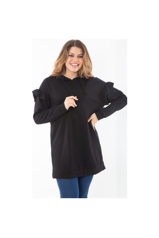 Kadın Büyük Beden Siyah İçi Şardonlu Üç İplik Kol Detaylı Kapşonlu Sweatshirt 65n37299-siyah Siyah