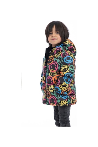 Erkek Çocuk Gülen Emoji İçi Polarlı Kürklü Su Ve Rüzgar Geçirmez Kapüşonlu Cepli Kışlık Şişme Mont Çok Renkli