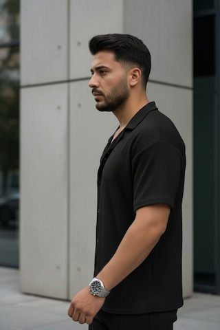 Fifty Color Unisex Trend Bürümcük Krinkıl Kumaş Yazlık Likralı Kısa Kol Gömlek Ve Eşofman Takım Siyah
