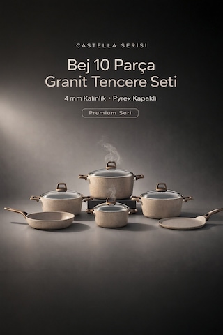 Yunusoğlu Home Castella Serisi Bej 10 Parça Granit Tencere Seti 4 Mm Kalınlık, Pyrex Kapaklı Bej