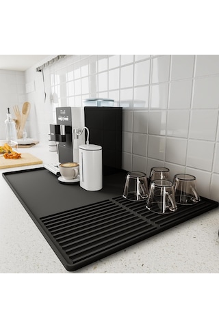 Moveevo Kalıtlı Kenarlı Silikon Kahve Matı - 61x40.5x1.1cm Kalın Tipi, Mutfak Tezgahı, Kahve Makinesi Altı Kullanıma Uygun, Sıvı Tutucu Kahve Aksesuarı Siyah Siyah