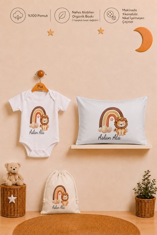Pia Baby Erkek Bebek İsme Özel Hediye Seti %100 Pamuk Body Yastık Kılıfı Ve Ham Bez Bebek Kıyafet Kesesi 2014bykyx Ekru