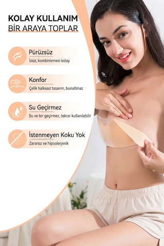 Ymc Mükemmel Dekolte Askısız Sırt Dekoltesi Yapışkanlı Ayarlanabilir Push Up Silikon Bra Sütyen Bej