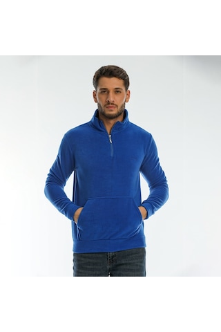 Slazenger SOLID IN Erkek Fermuarlı Dik Yaka Cepli Saks Mavi Polar